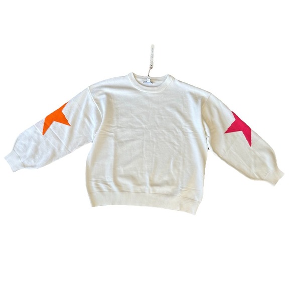 She + Sky Star Sleeve Sweater XL White Pullover Pink Orange Star Knit Top - Picture 2 of 7